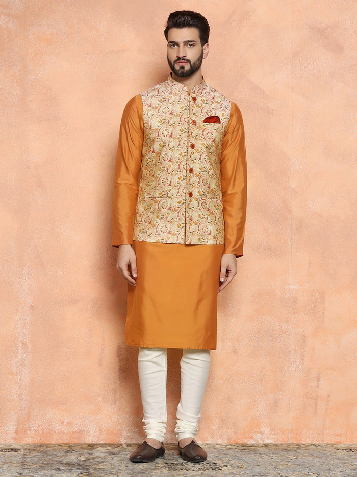 Orange Cotton Blend Printed Jacket Kurta Churidar