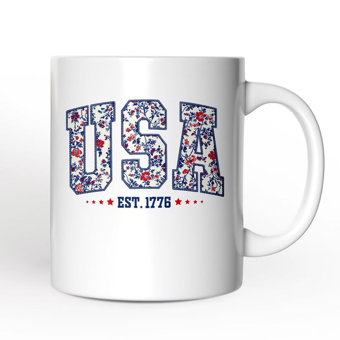 Patriotic USA Floral Personalized Mug, 1776 Independence Day Gift with Custom Name Personalized Ceramic Mug OrnamentallyYou Non-Custom