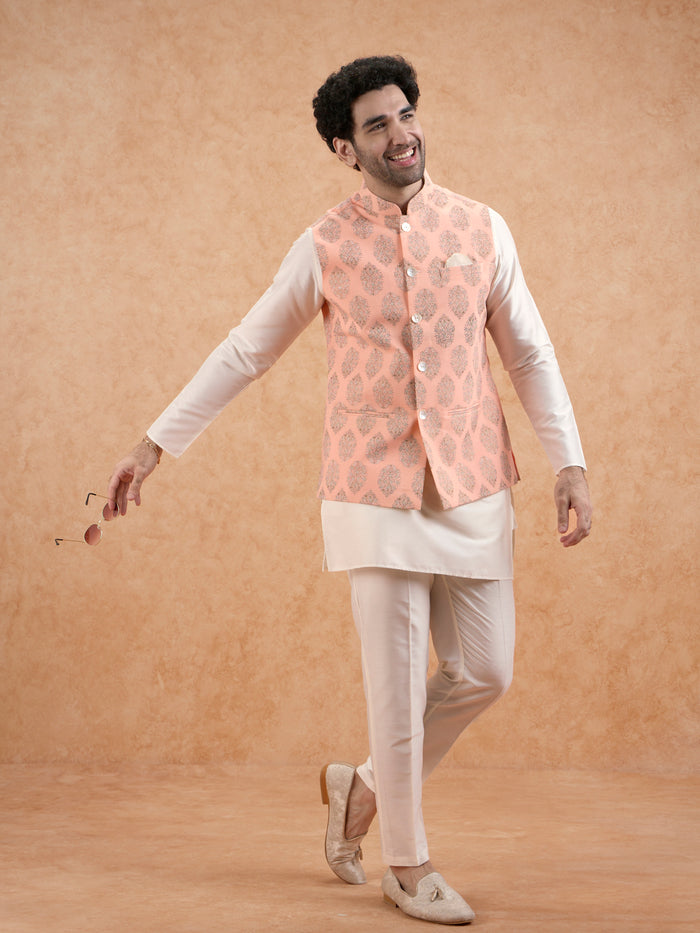 Peach Nehru Jacket with all over print