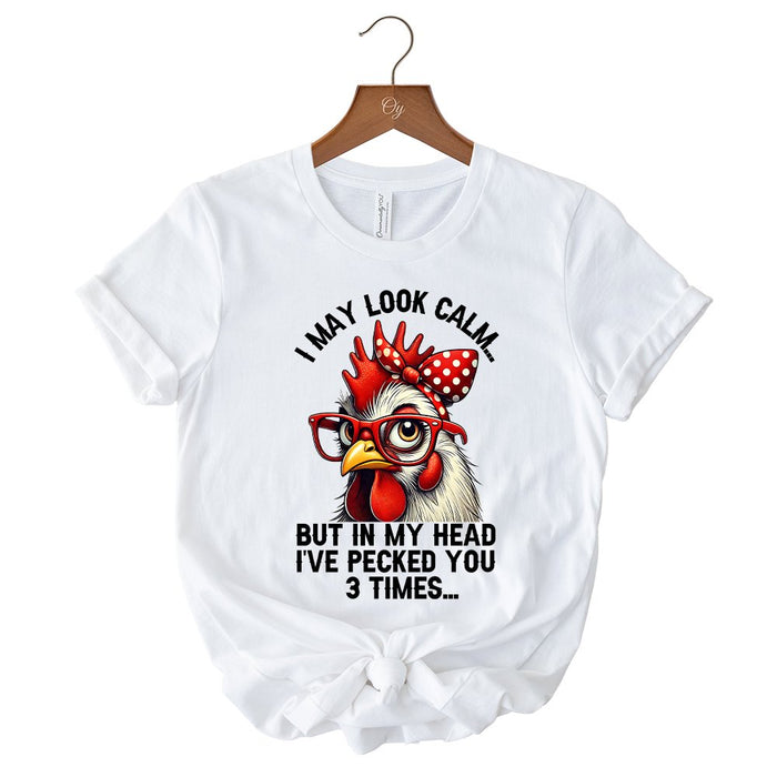 Pecking Chicken T-Shirt, Red Glasses and Bow White Tee for Sassy Women T-Shirts OrnamentallyYou
