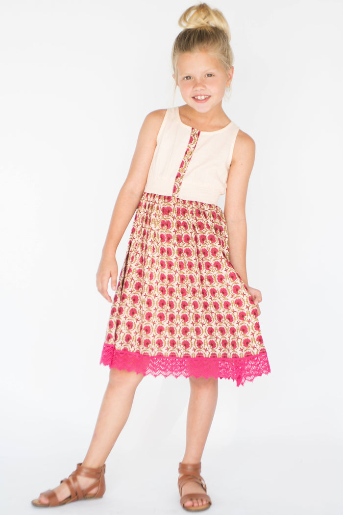 Pink Floral Lace-Trim A-Line Dress Dress Yo Baby Wholesale