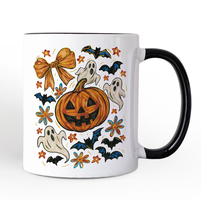 Pumpkin Ghosts Coquette Bow Personalized Mug, Retro Fall Spooky Gift with Custom Name Personalized Ceramic Mug OrnamentallyYou White - Black Non-Custom