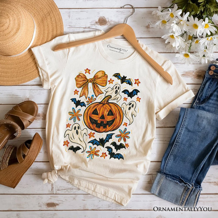 Pumpkin Ghosts Coquette Bow T-Shirt, Retro Fall Spooky Tee for Cute Trick-or-Treaters T-Shirts OrnamentallyYou Natural XS