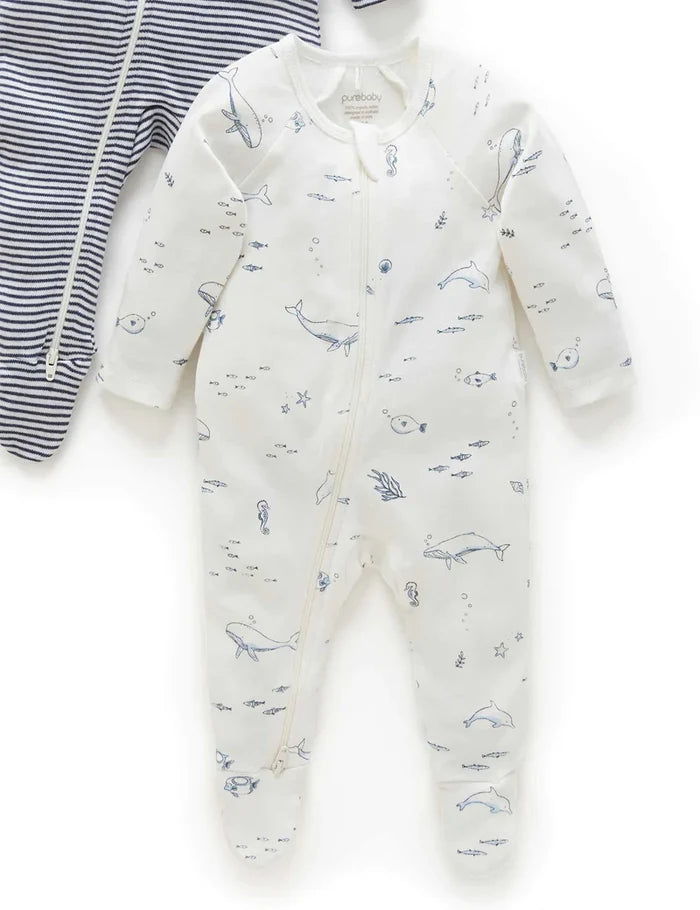 Purebaby Organic Zip Growsuit 2 Pack - Vanilla Nautical