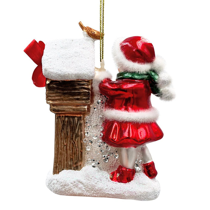 Quaint Little Winter Girl Feeding the Birds Glass Christmas Ornament, Cardinal Birdhouse Tree Decor Glass Ornament OrnamentallyYou