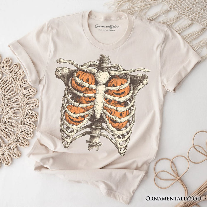 Ribcage Pumpkins T-Shirt, Retro Skeleton Halloween Tee for Spooky Season T-Shirts OrnamentallyYou Natural XS