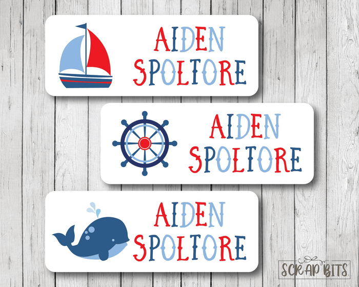 Sailing Name Labels, Blue Red . Personalized Belonging Labels - Scrap Bits