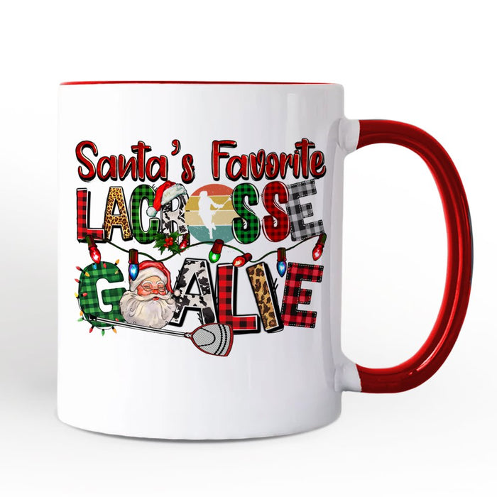 Santa’s Favorite Lacrosse Goalie Personalized Mug, Plaid Christmas Athelete Gift with Custom Name Personalized Ceramic Mug OrnamentallyYou White - Red Non-Custom
