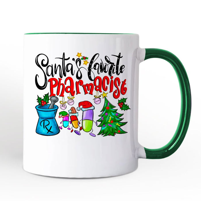 Santa’s Favorite Pharmacist Christmas Personalized Mug, Pharmacy Appreciation Gift with Custom Name Personalized Ceramic Mug OrnamentallyYou White - Green Non-Custom