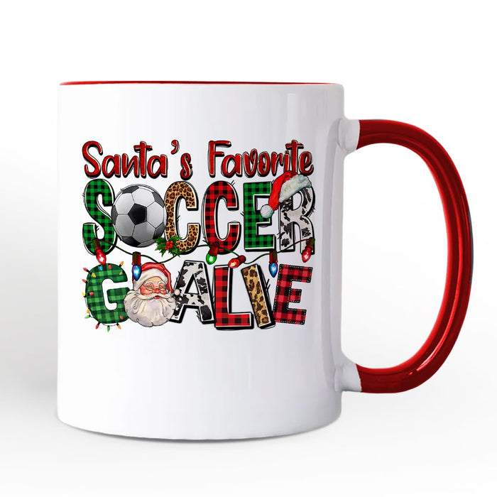 Santa’s Favorite Soccer Goalie Personalized Mug, Plaid Christmas Football Gift with Custom Name Personalized Ceramic Mug OrnamentallyYou White - Red Non-Custom