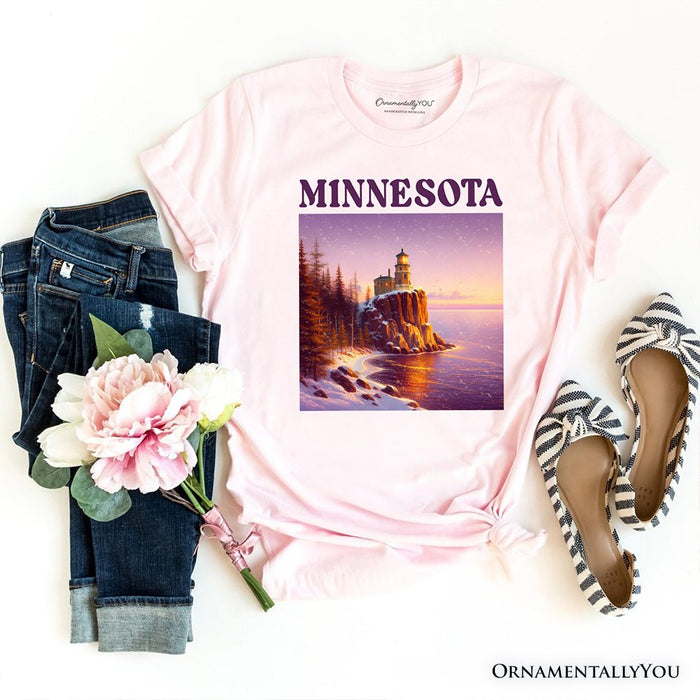 Scenic Minnesota State Split Rock Lighthouse T-Shirt, Lake Superior Landmark Tee and Travel Souvenir T-Shirts OrnamentallyYou Soft Pink XS