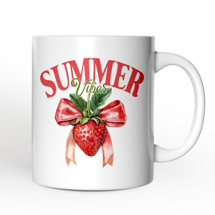 Summer Vibes Strawberry Personalized Mug, White, Seasonal Coquette Gift with Custom Name Personalized Ceramic Mug OrnamentallyYou