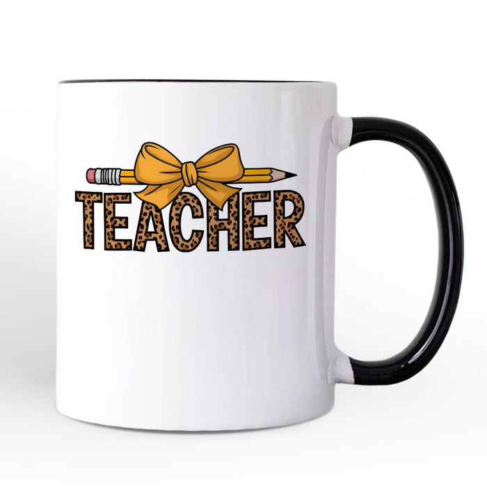 Teacher Leopard Pencil Personalized Mug, Coquette Bow Retro Classroom Gift with Custom Name Personalized Ceramic Mug OrnamentallyYou White - Black Non-Custom