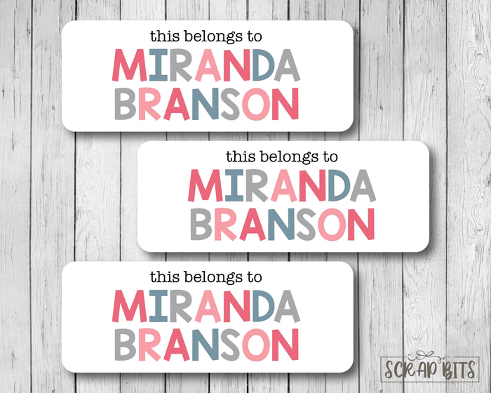 This Belongs To Labels, Girl Tri-Pink. Personalized Name Labels - Scrap Bits