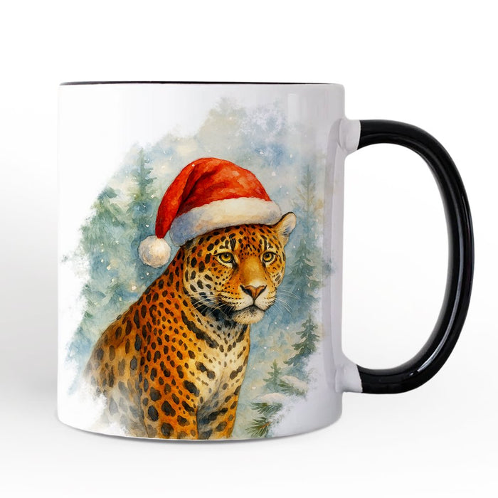 Watercolor Jaguar in Santa Hat Christmas Personalized Mug, Exotic Wildlife Holiday Gift with Custom Name Personalized Ceramic Mug OrnamentallyYou White - Black Non-Custom