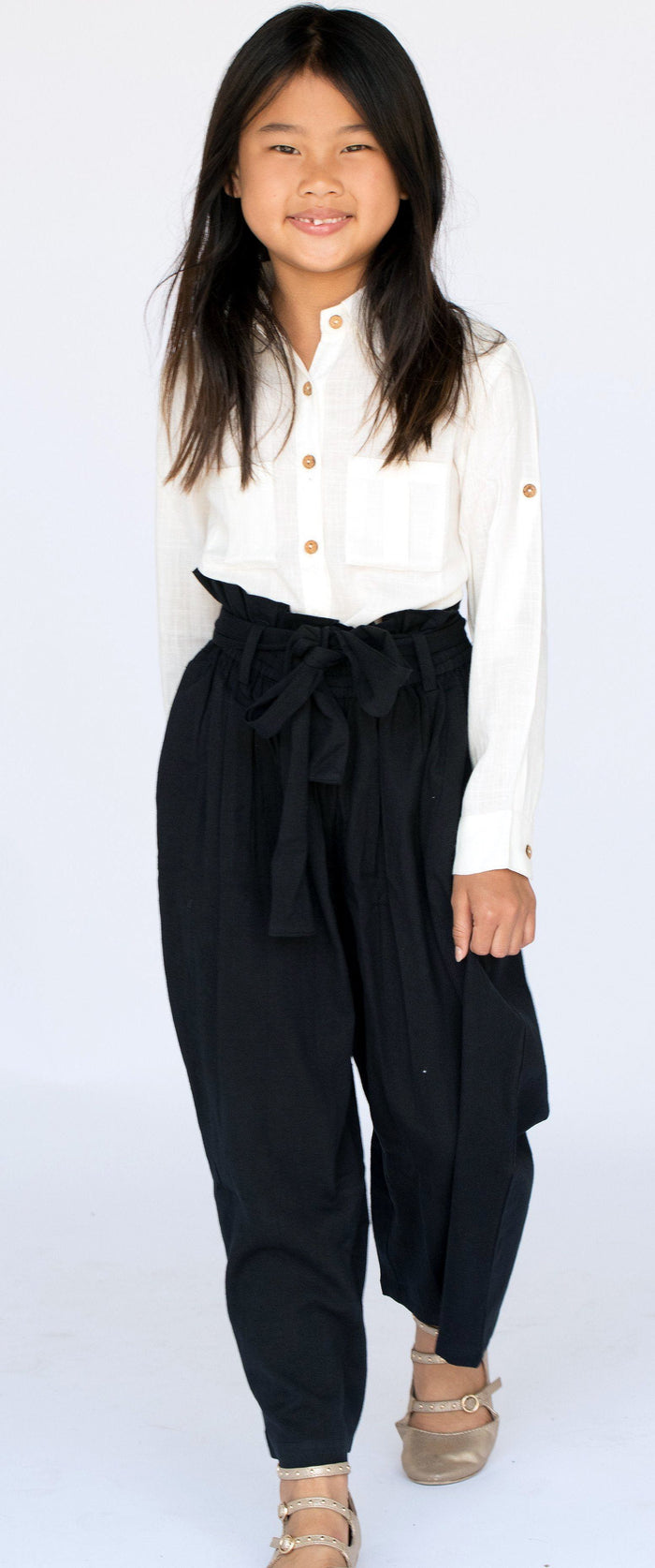 White Button Down Shirt with Black Paper Bag Pants 2 pc. Set Dress Yo Baby Wholesale
