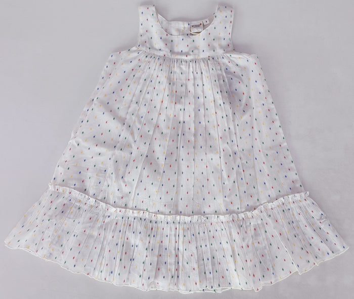 White Multicolor Dot Cotton Dobby Bottom Ruffle Dress Yo Baby India