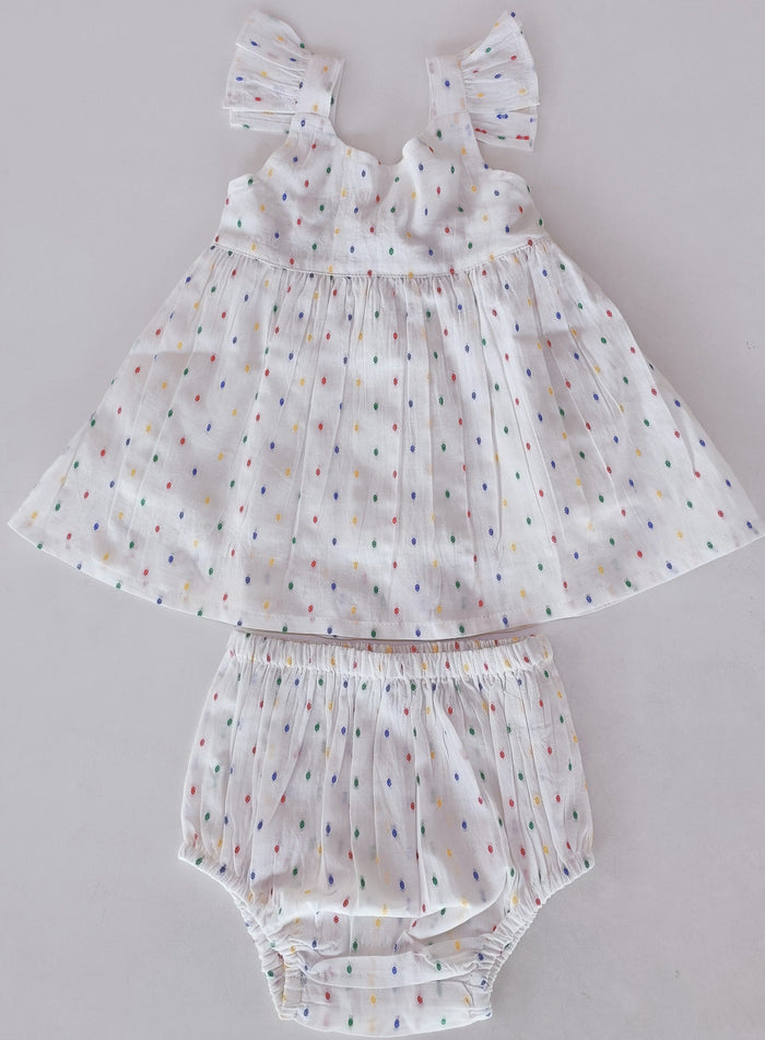 White Multicolor Dot Cotton Dobby Frill Dress and Bloomers dress & diaper cover Yo Baby India
