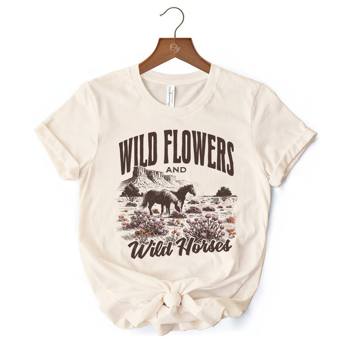 Wild Flowers and Wild Horses T-Shirt, Retro Western White and Natural Tee for Free-Spirited Women T-Shirts OrnamentallyYou