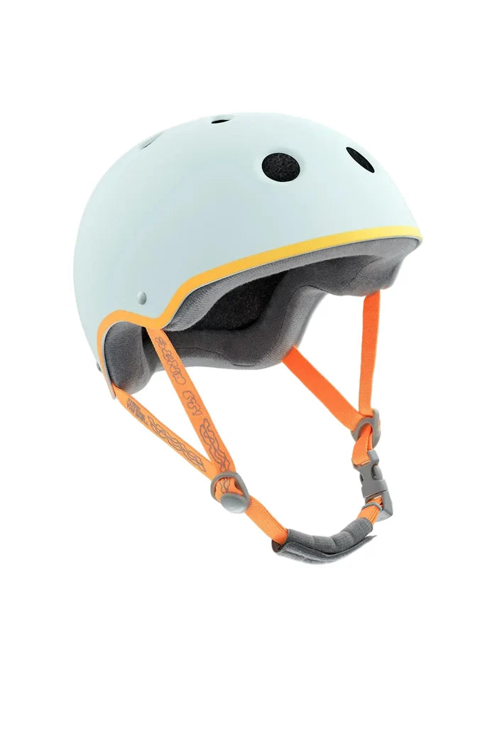 Light blue helmet with orange straps on a white background
