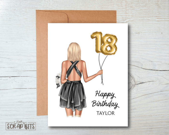 18th Birthday Card, ANY Age Foil Number Balloons, Custom Girl Birthday Portrait Card - Scrap Bits