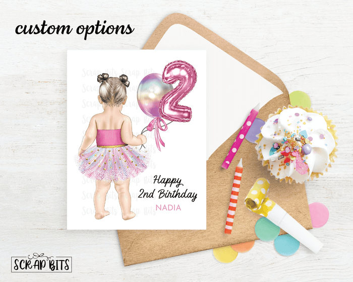 2nd Birthday Card, Baby Tutu Girl With Balloons 1st, 2nd or 3rd Birthday . Birthday Portrait Card - Scrap Bits