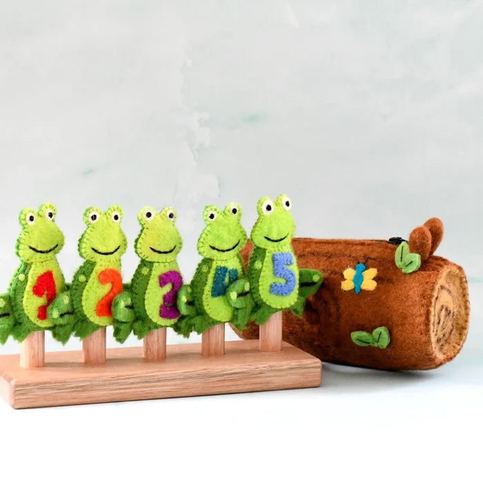 5 Little Speckled Frogs with Log Bag Felt Finger Puppet Set