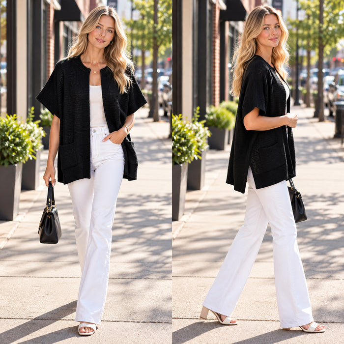 6801 – Black Short Sleeve Knit Kimono with Pockets