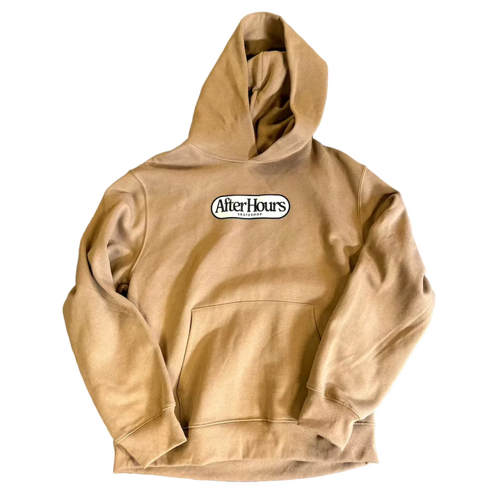 Beige hoodie with 'After Hours' logo on a blue textured surface