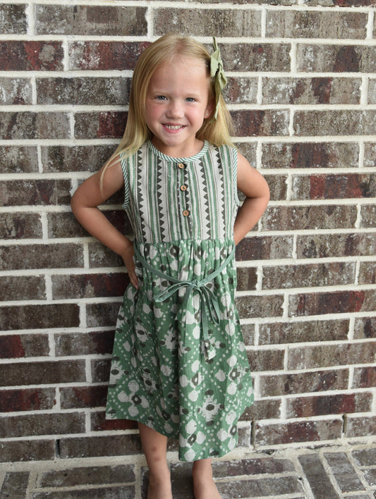 Abstract Green Printed Sleeveless Shift Dress With Drawstring Belt-Tie Dress Yo Baby Wholesale