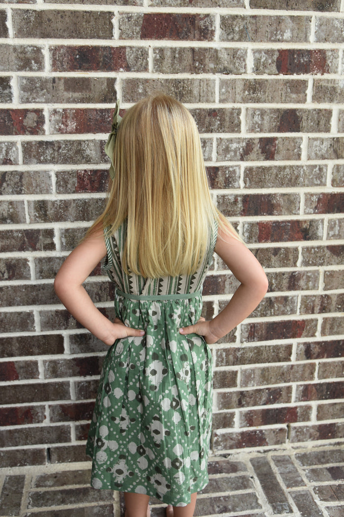 Abstract Green Printed Sleeveless Shift Dress With Drawstring Belt-Tie Dress Yo Baby Wholesale