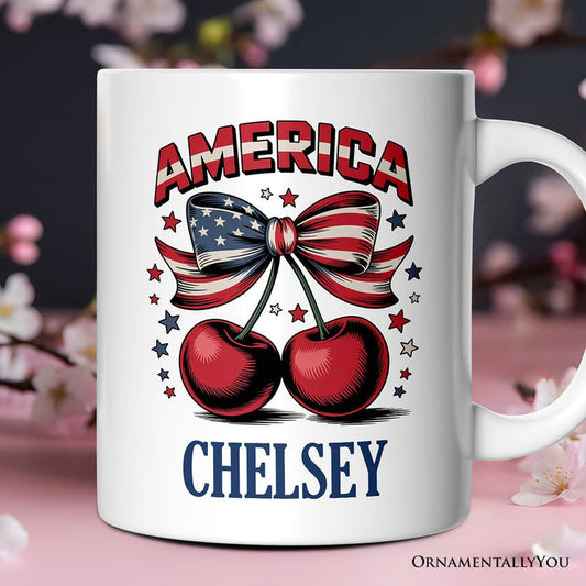 America Coquette Cherries Personalized Mug, Patriotic 4th of July Gift with Custom Name Personalized Ceramic Mug OrnamentallyYou Customized