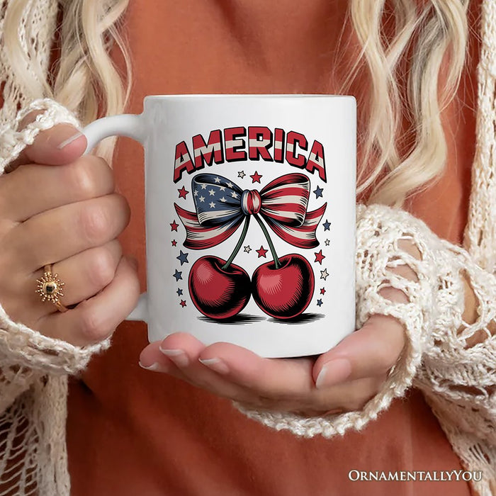 America Coquette Cherries Personalized Mug, Patriotic 4th of July Gift with Custom Name Personalized Ceramic Mug OrnamentallyYou