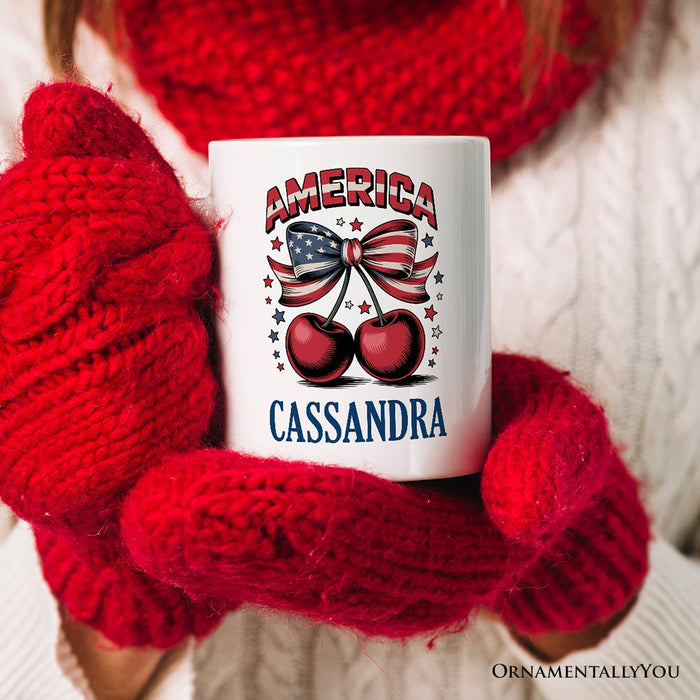 America Coquette Cherries Personalized Mug, Patriotic 4th of July Gift with Custom Name Personalized Ceramic Mug OrnamentallyYou