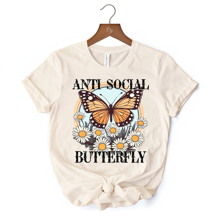 Anti Social Butterfly T-Shirt, Retro White and Natural Tee for Quirky and Independent Women T-Shirts OrnamentallyYou