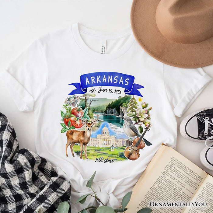 Artistic Arkansas State Themes and Landmarks T-Shirt, Tee for History and Travel Lovers T-Shirts OrnamentallyYou White XS