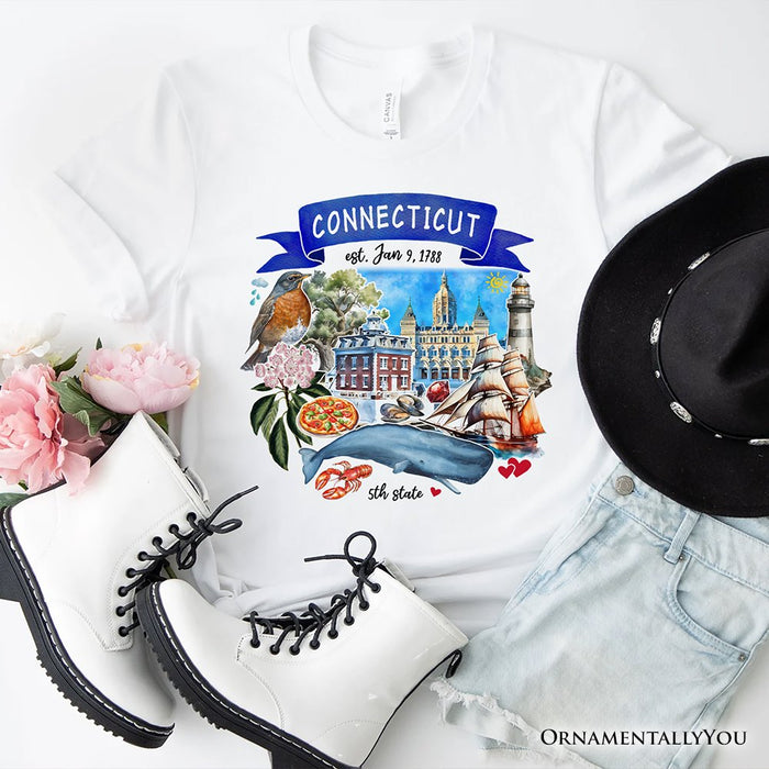 Artistic Connecticut State Themes and Landmarks T-Shirt, Tee for History and Travel Lovers T-Shirts OrnamentallyYou White XS