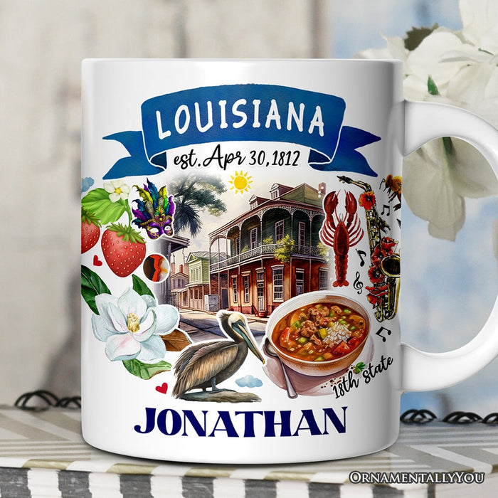 Artistic Louisiana State Themes and Landmarks Personalized Mug With Custom Name Personalized Ceramic Mug OrnamentallyYou 12oz Mug Customized