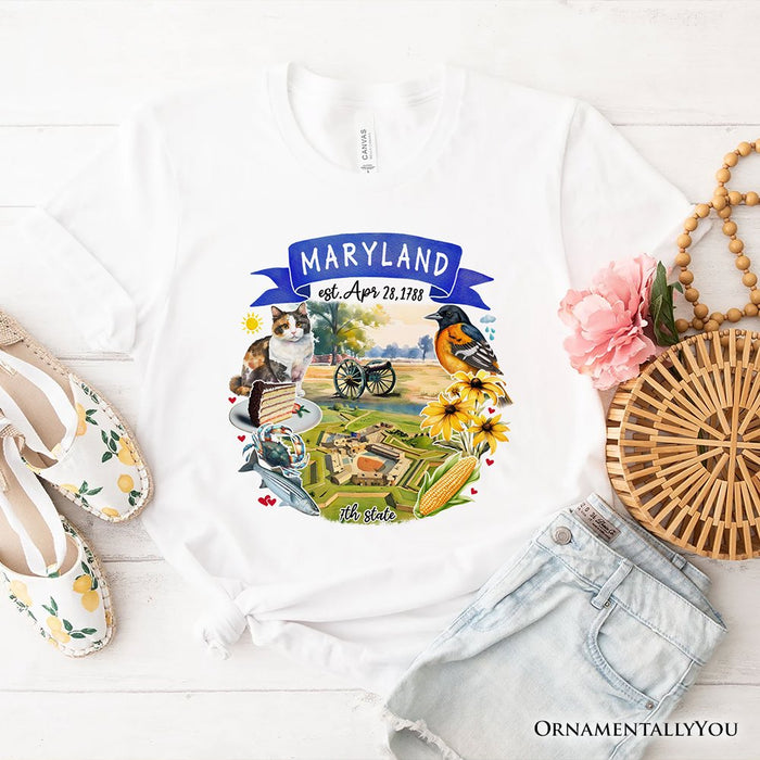 Artistic Maryland State Themes and Landmarks T-Shirt, Tee for History and Travel Lovers T-Shirts OrnamentallyYou White XS