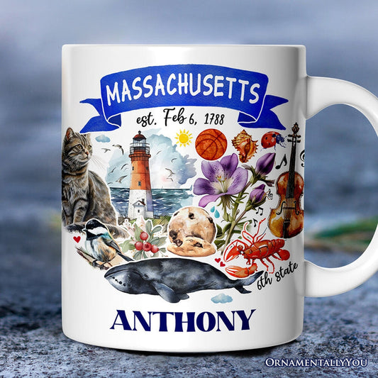 Artistic Massachusetts State Themes and Landmarks Personalized Mug With Custom Name Personalized Ceramic Mug OrnamentallyYou 12oz Mug Customized