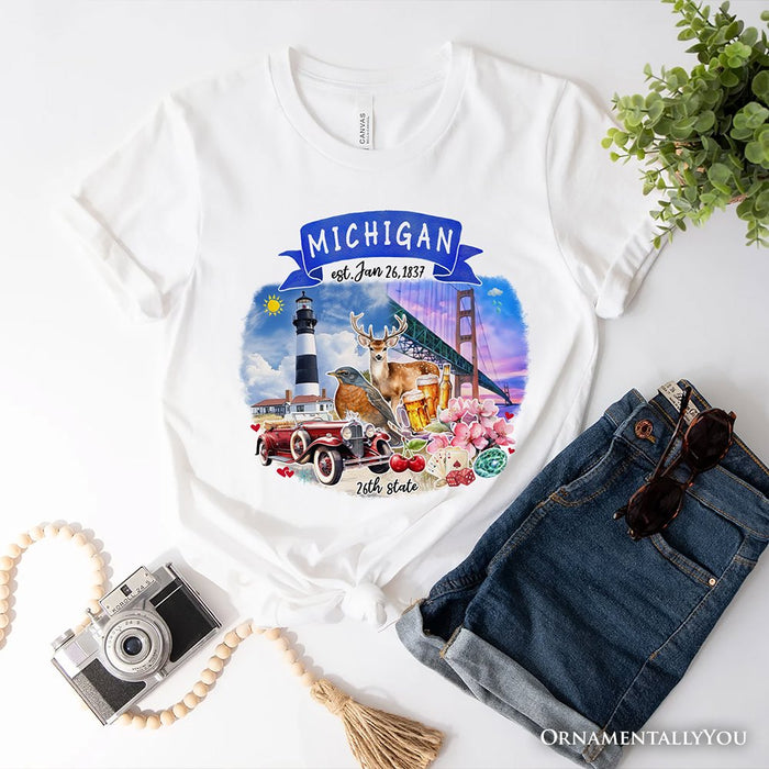 Artistic Michigan State Themes and Landmarks T-Shirt, Tee for History and Travel Lovers T-Shirts OrnamentallyYou White XS