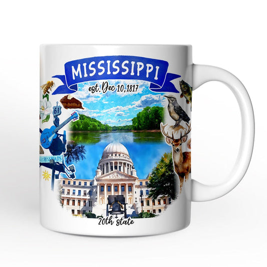 Artistic Mississippi State Themes and Landmarks Personalized Mug With Custom Name Personalized Ceramic Mug OrnamentallyYou 12oz Mug Non-Custom