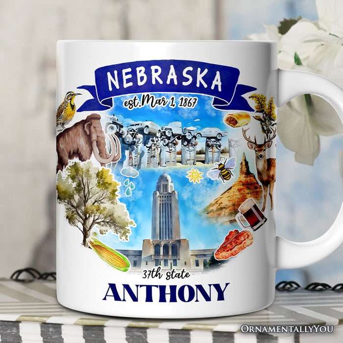 Artistic Nebraska State Themes and Landmarks Personalized Mug With Custom Name Personalized Ceramic Mug OrnamentallyYou 12oz Mug Customized