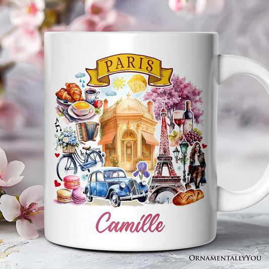 Artistic Paris Culture and Landmarks Personalized Mug, Classical France Gift and Souvenir with Custom Name Personalized Ceramic Mug OrnamentallyYou