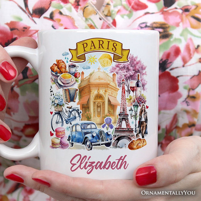 Artistic Paris Culture and Landmarks Personalized Mug, Classical France Gift and Souvenir with Custom Name Personalized Ceramic Mug OrnamentallyYou