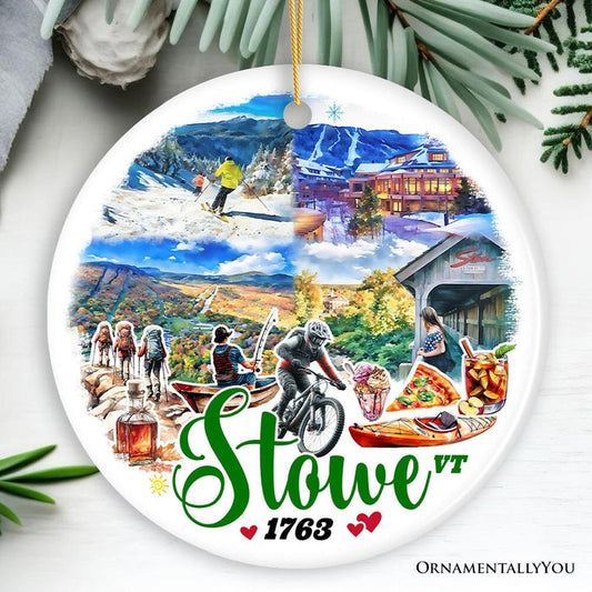 Artistic Stowe Vermont Ornament, Classic New England Mountain Town Christmas Gift and Souvenir Ceramic Ornament OrnamentallyYou Circle