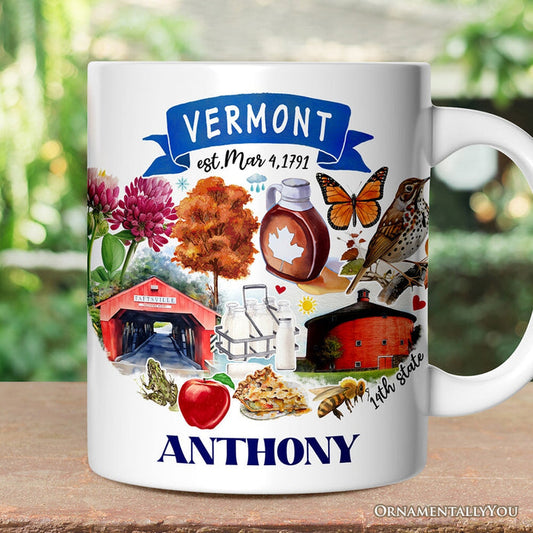 Artistic Vermont State Themes and Landmarks Personalized Mug With Custom Name Personalized Ceramic Mug OrnamentallyYou 12oz Mug Customized