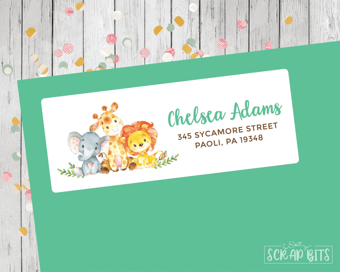 Baby Jungle Animals Address Labels, Giraffe, Lion, Elephant - Scrap Bits