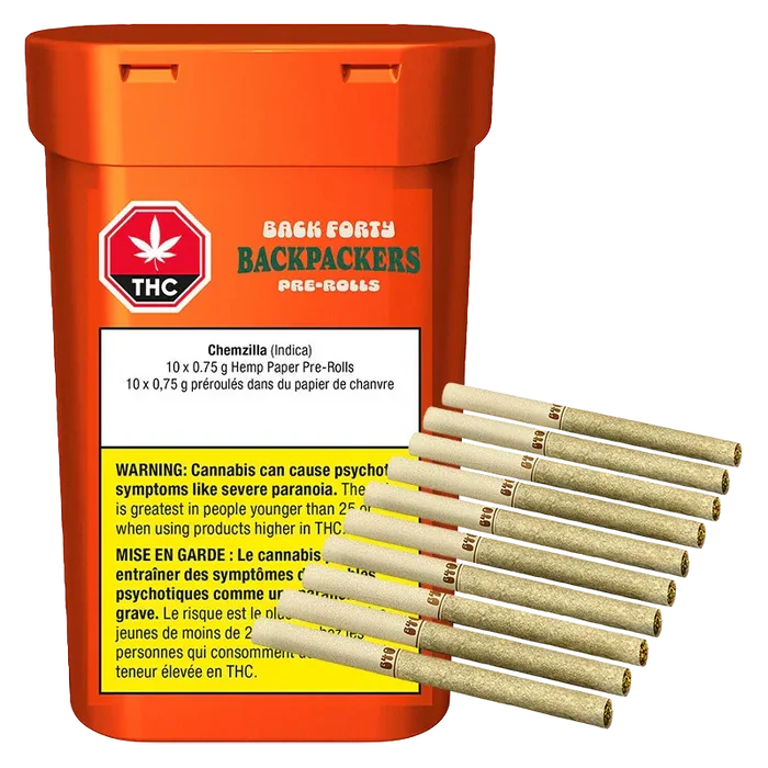 Three-quarter front view of an orange tub labeled Backpackers Chemzilla PR 10 x 0.75 g with ten hemp pre-rolls fanned beside it.