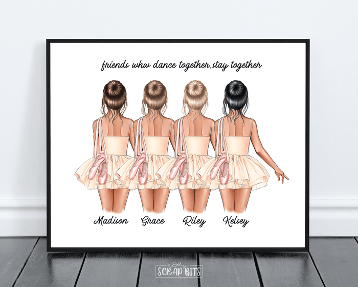 Ballerina Friends Print, Custom Ballet Gift . Personalized Digital Portrait Print - Scrap Bits